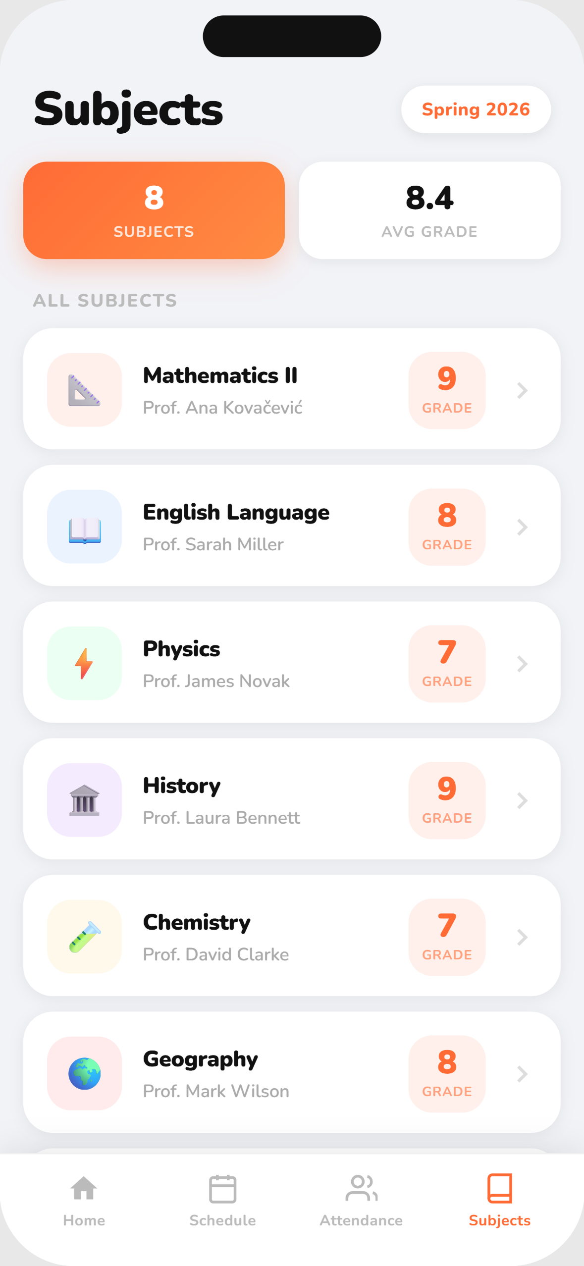 School app grades screen